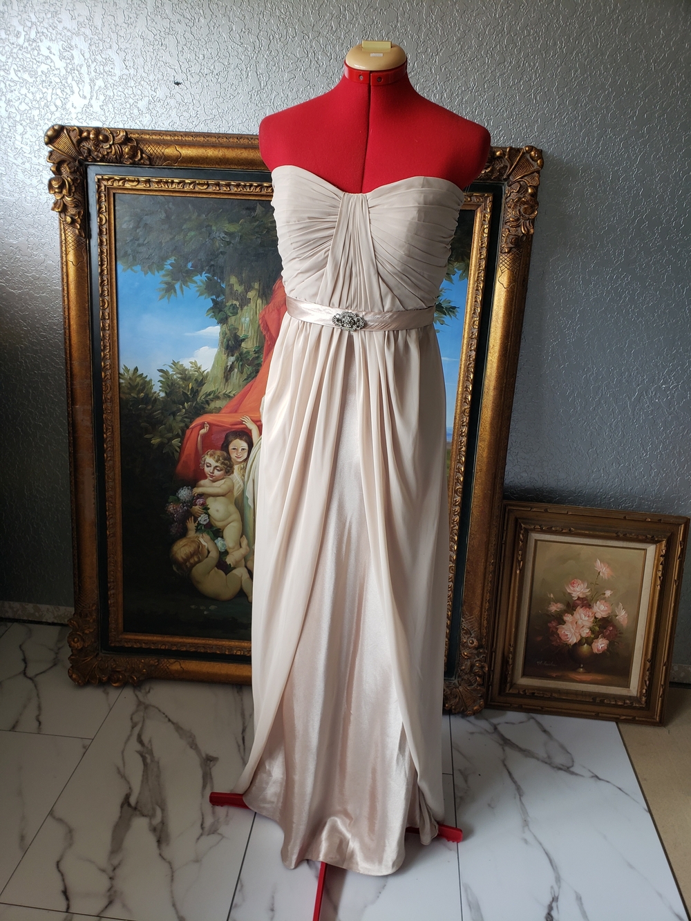 Bari Jay Strapless Champagne Formal Gown with Beaded Belt